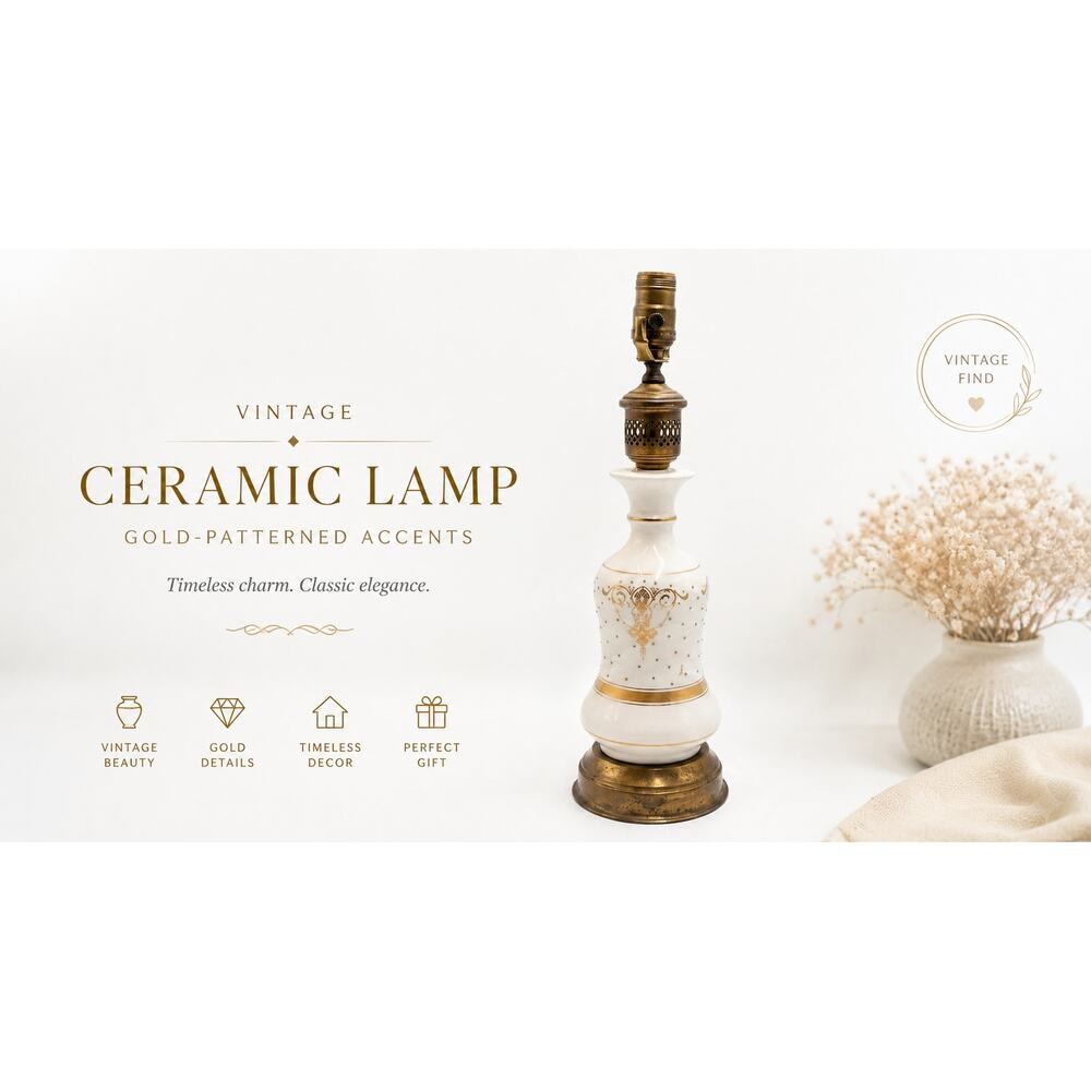 Vintage White Gold Floral Table Lamp Green Accent Metal Base Decor